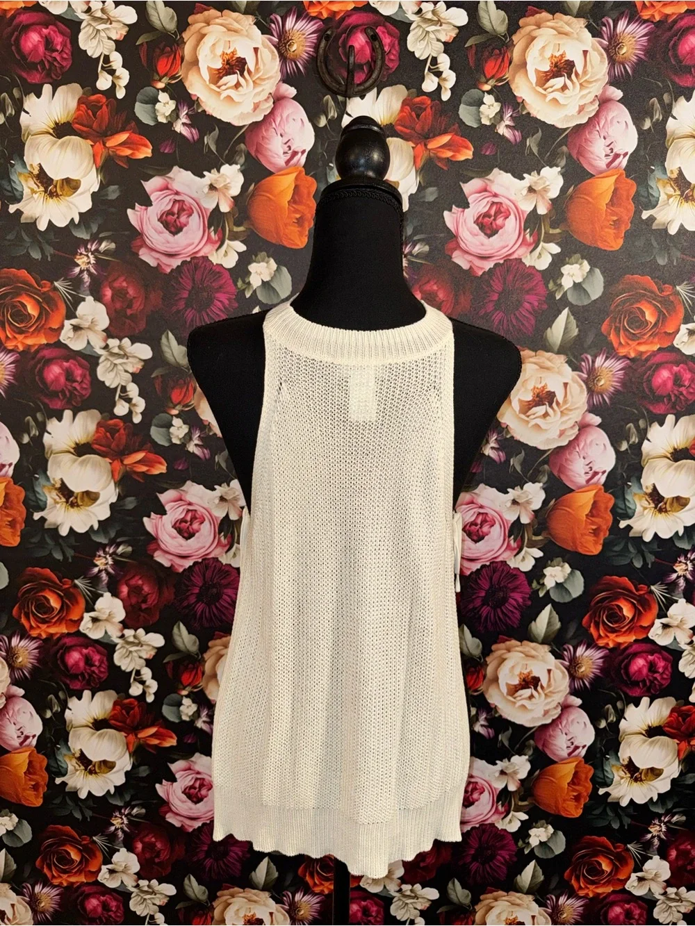 Lulu's Cream Knit Crochet Halter Swim Coverup with tie-up sides, M